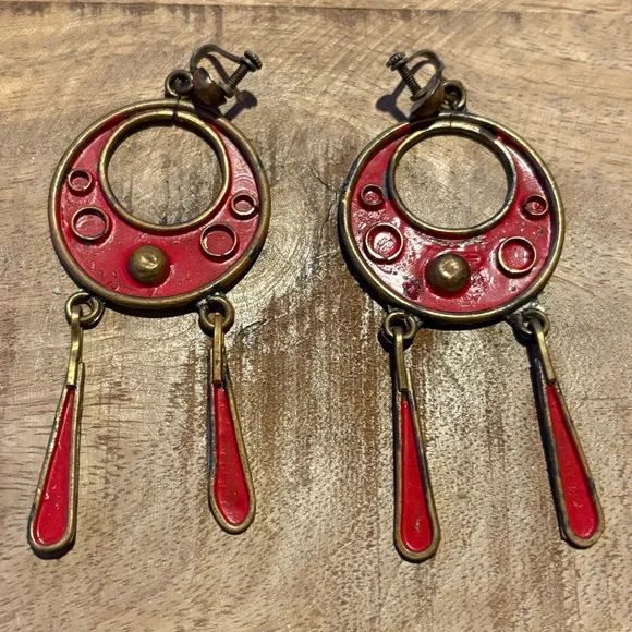 Vintage Mexico, early 1950’s, Red & Gold Dangle Earrings - Picture 9 of 13